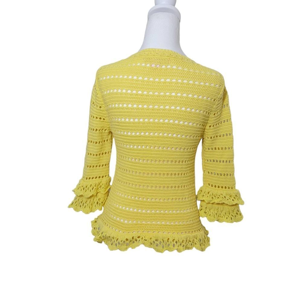 Lilly Pulitzer Crochet Knit Sweater Women's XS Yellow 3/4 Sleeve Ruffled Cotton - Picture 3 of 11